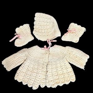 Vintage Hand Crocheted Sweater Set Jacket Bonnet Hat Booties Ivory Color 1950’s